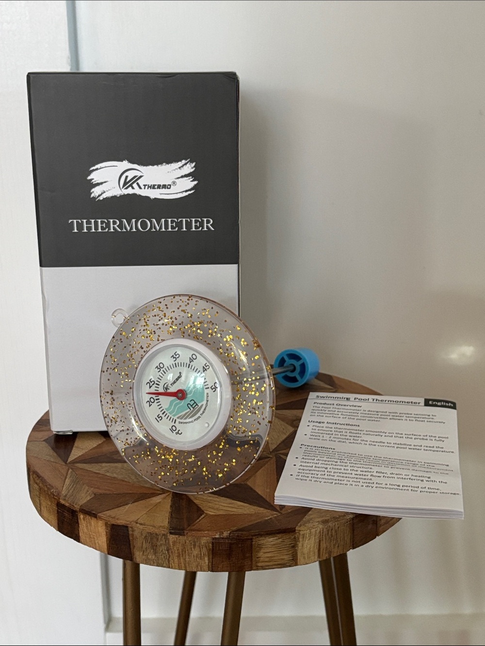Vintage Style Clear Gold Glitter Sparkle Pool KT Thermo Thermometer NIB
